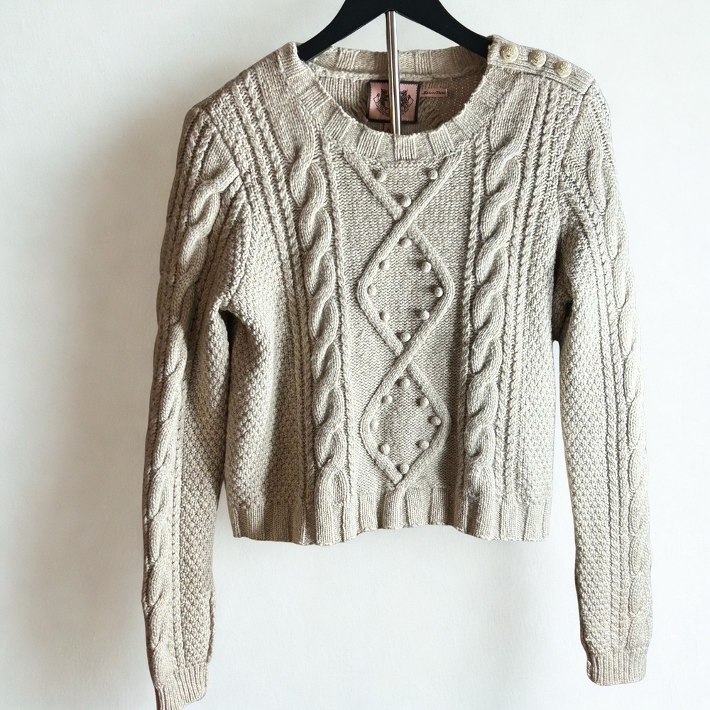 Juicy Couture Tan Cable Knit Bobble Sweater Gold Crest Buttons Beige Medium‎